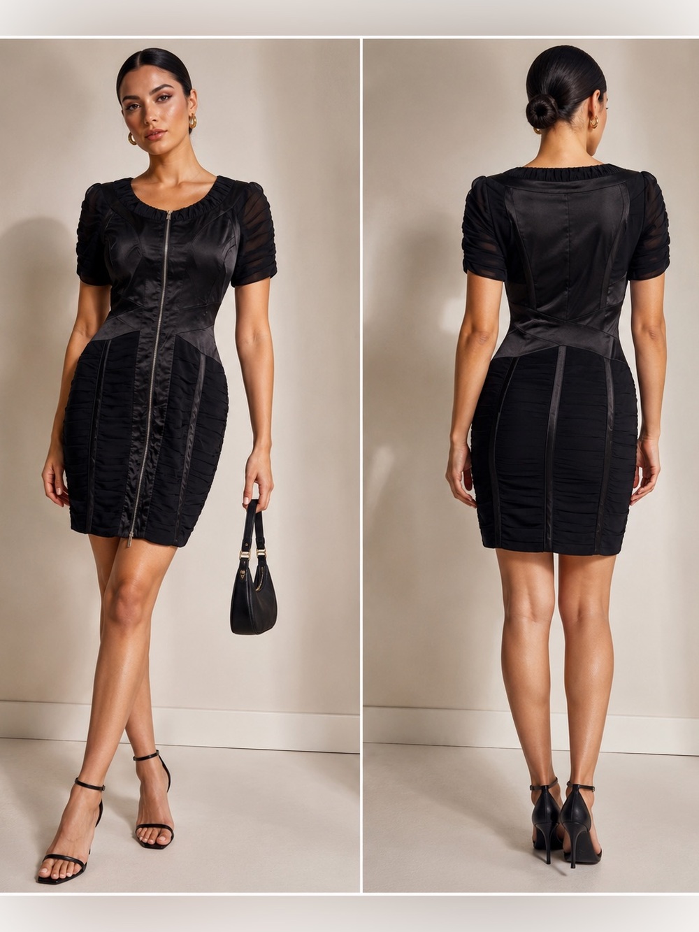 Karen Millen Silk Ruched‎ Zip Front Bodycon Cocktail Dress Black US 10 UK 14